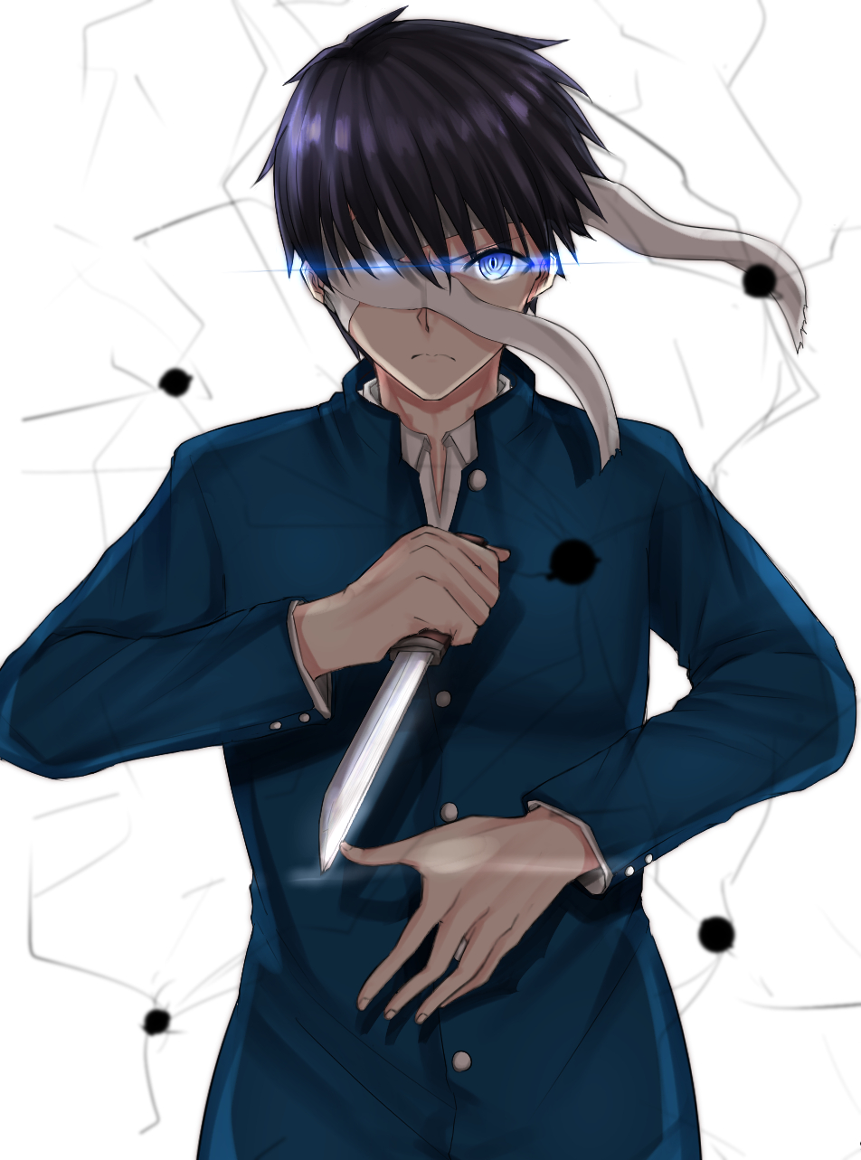 1boy azarashi_(azrsot) bandage_on_face black_hair blue_eyes blue_jacket frown hair_between_eyes highres holding holding_knife jacket knife long_sleeves looking_at_viewer male_focus solo standing toono_shiki tsukihime upper_body