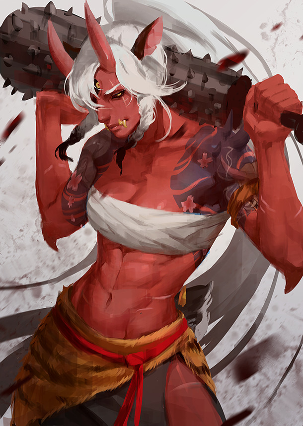 1girl abs black_sclera breasts cleavage closed_eyes collarbone commentary commission english_commentary fangs_out high_ponytail looking_at_viewer martasketch medium_breasts muscle muscular_female navel oni original red_skin sarashi solo white_hair yellow_eyes