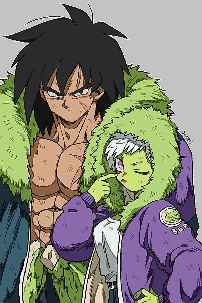 1boy 1girl ;p abs alternate_costume belt blue_coat breasts broly_(dragon_ball_super) cheelai chest coat commentary_request dirty dirty_clothes dirty_face dragon_ball dragon_ball_super_broly finger_to_eye finger_to_face fingernails fur_coat grey_background hand_on_hip height_difference hood hood_down hood_up hooded_coat long_sleeves looking_at_viewer medium_breasts one_eye_closed outsuki purple_coat scar shirt short_hair simple_background standing tongue tongue_out upper_body violet_eyes white_hair white_shirt