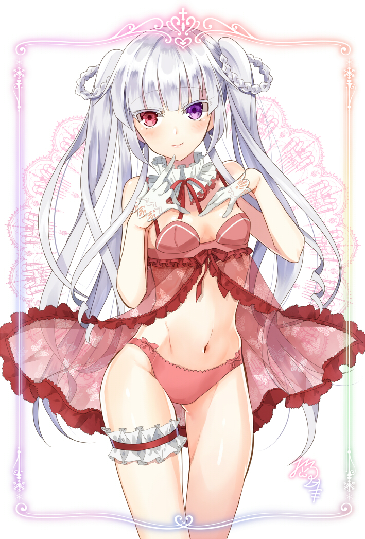 1girl animal_print babydoll bare_arms bare_shoulders blush braid breasts butterfly_print closed_mouth collar cowboy_shot frilled_collar frills gloves groin hair_rings half_gloves hands_up heterochromia leg_garter long_hair looking_at_viewer navel nekozuki_yuki original panties pink_panties red_eyes see-through signature silver_hair small_breasts smile solo standing stomach thigh_gap twintails underwear very_long_hair violet_eyes white_gloves