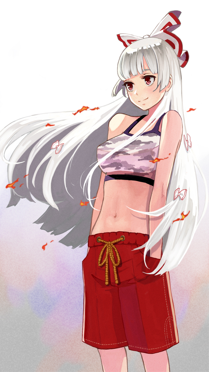 1girl bangs blunt_bangs bow camouflage_shirt commentary_request fire fujiwara_no_mokou hair_bow hair_ribbon hands_in_pockets highres light_blush long_hair looking_to_the_side midriff navel p_no_hito red_eyes red_shorts revision ribbon shirt shorts silver_hair sleeveless sleeveless_shirt smile solo tank_top touhou tress_ribbon white_bow