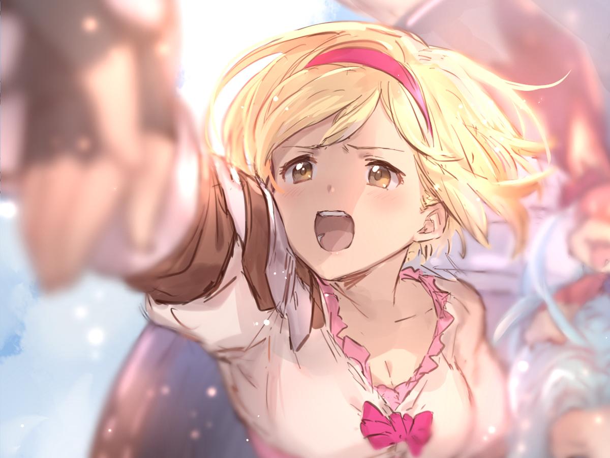 blonde_hair brown_eyes djeeta_(granblue_fantasy) gauntlets granblue_fantasy hairband hand_holding lyria_(granblue_fantasy) mire_eeeei open_mouth out_of_frame outstretched_hand pink_hairband puffy_short_sleeves puffy_sleeves sandalphon_(granblue_fantasy) short_hair short_sleeves vee_(granblue_fantasy)