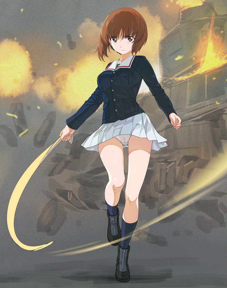 1girl a1 black_legwear breasts brown_eyes brown_hair explosion fingernails girls_und_panzer ground_vehicle medium_breasts military military_vehicle motor_vehicle nishizumi_miho ooarai_military_uniform panties pantyshot pantyshot_(standing) short_hair skirt socks standing tank underwear white_panties