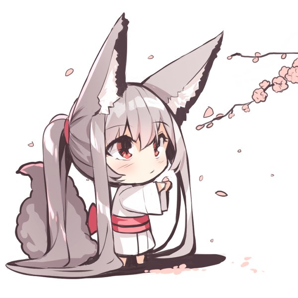 1girl absurdly_long_hair animal_ear_fluff animal_ears bangs barefoot blush chibi closed_mouth eyebrows_visible_through_hair flower fox_ears fox_girl fox_tail grey_hair hair_between_eyes japanese_clothes kimono long_hair long_sleeves obi original outstretched_arms petals pink_flower ponytail red_eyes sash shadow solo standing tail tail_raised tree_branch very_long_hair white_background white_kimono wide_sleeves yuuji_(yukimimi)