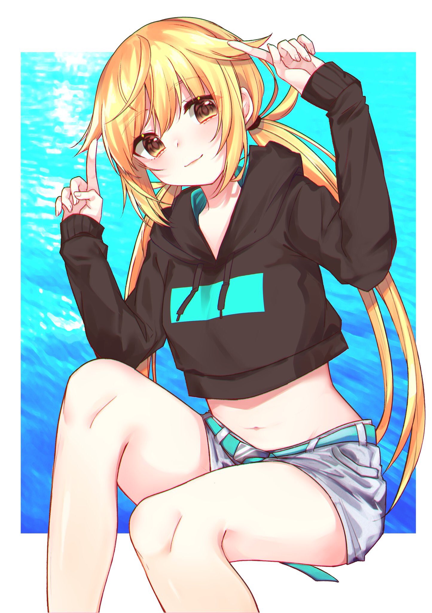 1girl alternate_costume bare_legs belt black_hoodie blonde_hair brown_eyes closed_mouth commentary_request crop_top drawstring feet_out_of_frame grey_shorts hair_flaps hair_tie hands_up head_tilt highres hood hood_down hoodie index_finger_raised kantai_collection long_hair long_sleeves looking_at_viewer midriff myao_(jumca_my) navel satsuki_(kantai_collection) short_shorts shorts sidelocks sitting smile solo stomach thighs water
