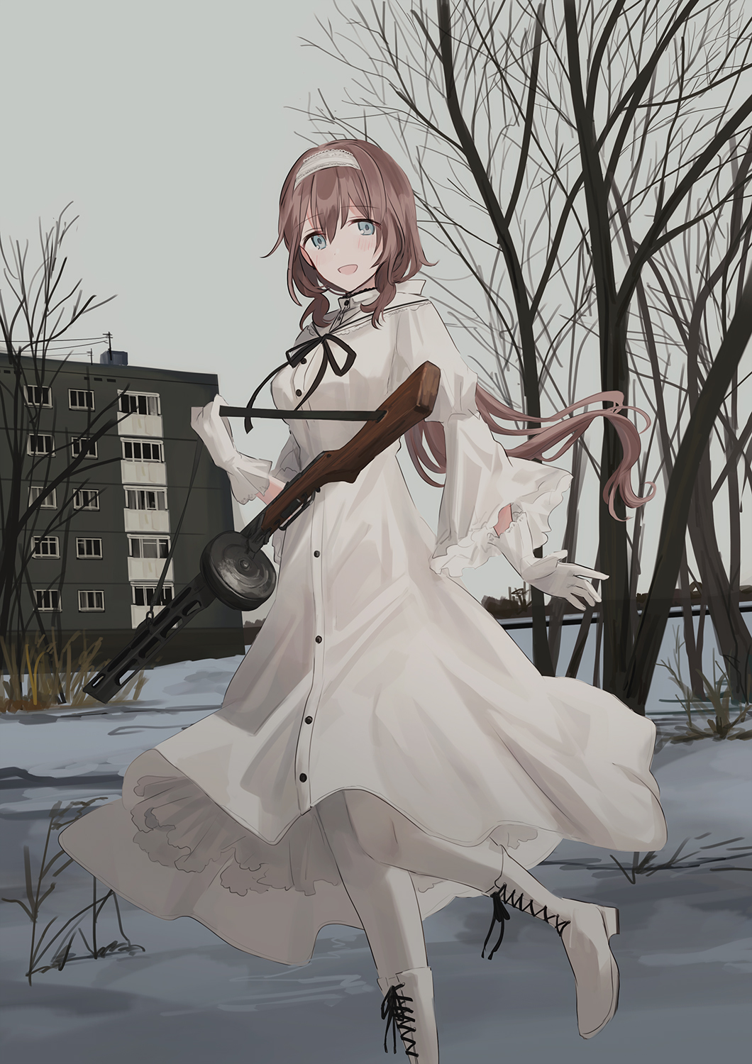 1girl :d bangs bare_tree black_ribbon blue_eyes blush boots breasts brown_hair building chihuri commentary_request cross-laced_footwear day dress eyebrows_visible_through_hair gloves grey_sky gun hair_between_eyes hairband highres holding holding_gun holding_weapon juliet_sleeves lace-up_boots long_hair long_sleeves looking_at_viewer neck_ribbon open_mouth original outdoors pantyhose ppsh-41 puffy_sleeves ribbon sky small_breasts smile snow solo standing standing_on_one_leg submachine_gun tree very_long_hair weapon white_dress white_footwear white_gloves white_hairband white_legwear wide_sleeves