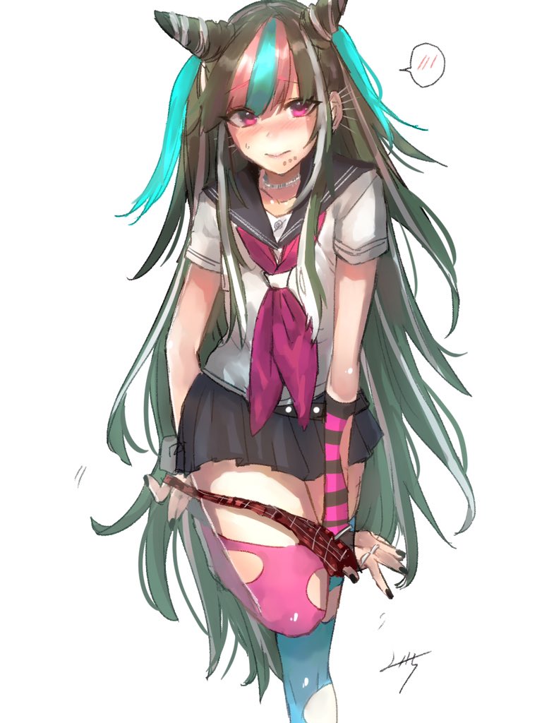 1girl bare_arms black_hair black_nails blue_hair blue_legwear blush commentary_request dangan_ronpa ear_piercing eyebrows_visible_through_hair fingerless_gloves gloves holding holding_panties horns jewelry lip_piercing long_hair looking_at_viewer miniskirt mioda_ibuki mismatched_gloves mismatched_legwear miyoichi_(_miyoichi) mouth_piercing multicolored_hair nail_polish necklace panties piercing pink_eyes pink_hair pink_legwear plaid plaid_panties ring school_uniform serafuku shirt signature simple_background skirt smile solo speech_bubble super_dangan_ronpa_2 thigh-highs torn_clothes underwear white_background white_hair white_shirt z-epto_(chat-noir86)