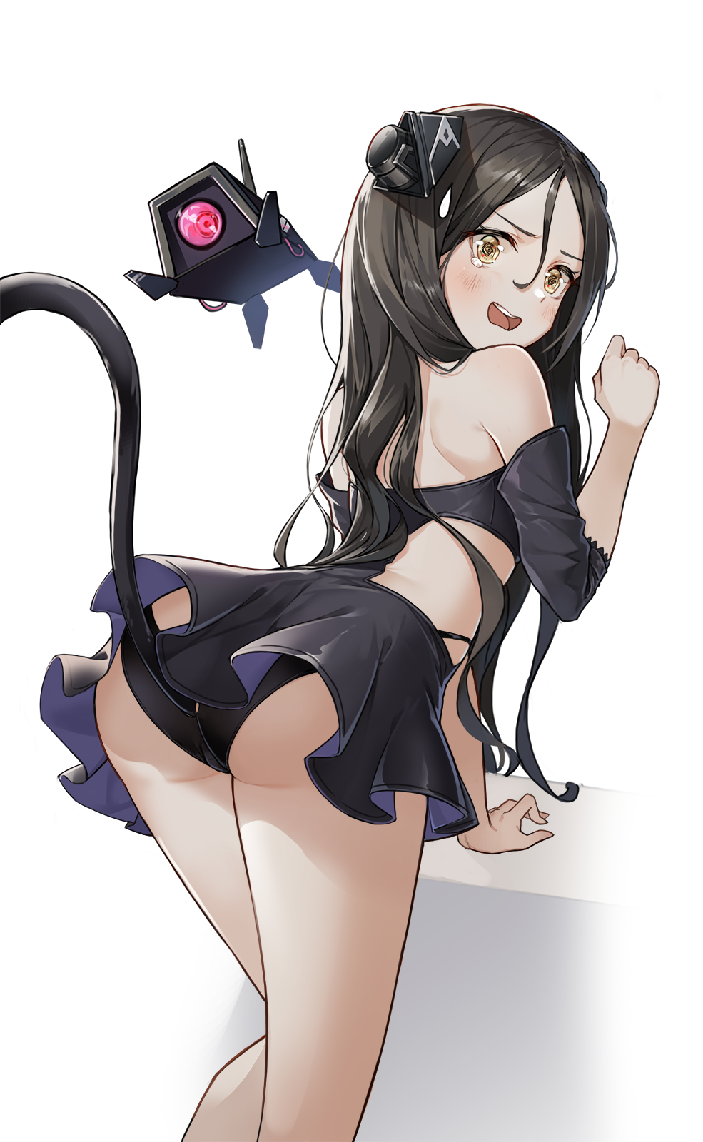 1girl :o @_@ aliceblue ass back bare_shoulders bent_over black_dress black_hair black_panties blush cat_tail detached_sleeves dinergate_(girls_frontline) dreamer_(girls_frontline) dress girls_frontline hand_up highres looking_at_viewer looking_back open_mouth panties revealing_clothes shoulder_blades standing sweatdrop tail tail_cutout thighs underwear white_background yellow_eyes