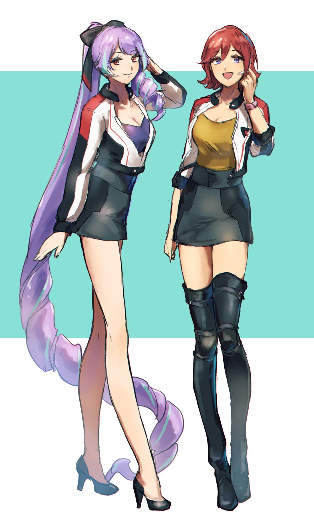 2girls black_bow black_footwear black_skirt blue_background boots bow breasts cleavage collarbone floating_hair full_body hair_bow high_heels highres jacket kaname_buccaneer long_hair long_sleeves looking_at_viewer macross macross_delta medium_breasts mikumo_guynemer miniskirt multiple_girls open_clothes open_jacket pencil_skirt purple_hair purple_shirt red_eyes redhead salute shimatani_azu shirt short_hair skirt smile standing thigh-highs thigh_boots two-tone_background very_long_hair white_background yellow_shirt zettai_ryouiki