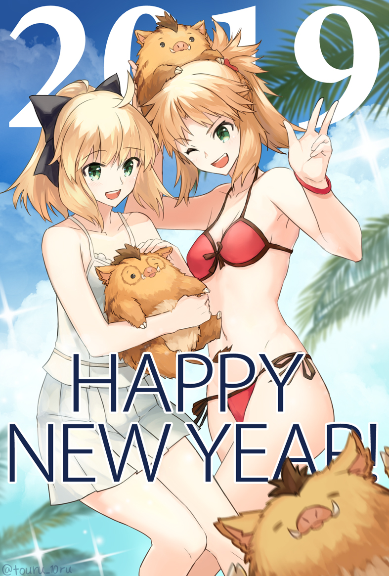 2019 2girls :d ;d animal animal_on_head artoria_pendragon_(all) bikini black_bow blonde_hair blue_sky bow bracelet breasts cleavage clouds collarbone day eyebrows_visible_through_hair fate/grand_order fate_(series) green_eyes grey_scrunchie hair_bow hair_ornament hair_scrunchie happy_new_year high_ponytail holding holding_animal jewelry long_hair miniskirt mordred_(fate)_(all) mordred_(swimsuit_rider)_(fate) multiple_girls new_year on_head one_eye_closed open_mouth palm_tree pleated_skirt red_bikini saber_lily scrunchie shirt side-tie_bikini sideboob skirt sky sleeveless sleeveless_shirt smile sparkle standing swimsuit touru_10ru tree twitter_username white_shirt white_skirt