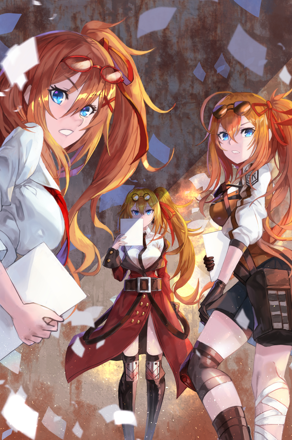 3girls age_progression bandage belt blonde_hair blue_eyes boots breasts brown_background coat covering_mouth david_lee eyewear_on_head girls_frontline glasses hair_ribbon highres kalina_(girls_frontline) knee_pads long_hair long_sleeves multiple_girls necktie off_shoulder paper pouch red_coat ribbon side_ponytail simple_background sunglasses thigh-highs thigh_boots vest