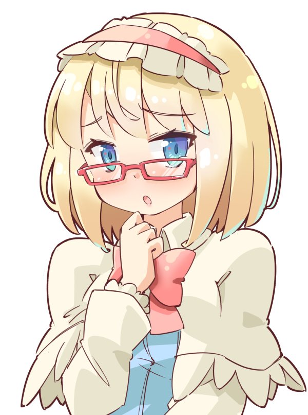 1girl :o alice_margatroid arnest bangs bespectacled blonde_hair blue_dress blue_eyes blush bow bowtie capelet commentary_request dress eyebrows_visible_through_hair frilled_hairband frills glasses hairband hand_up lolita_hairband long_sleeves looking_at_viewer looking_over_eyewear parted_lips red-framed_eyewear red_bow red_hairband red_neckwear shirt short_hair simple_background solo touhou upper_body white_background white_capelet white_shirt wing_collar