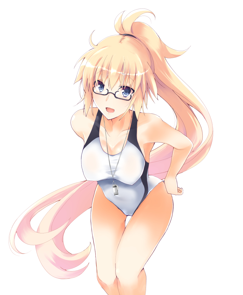 1girl :d absurdly_long_hair bangs black-framed_eyewear blonde_hair blue_eyes breasts cleavage collarbone competition_swimsuit cowboy_shot erect_nipples eyebrows_visible_through_hair fate/grand_order fate_(series) glasses hair_between_eyes high_ponytail jeanne_d'arc_(fate)_(all) jeanne_d'arc_(swimsuit_archer) large_breasts leaning_forward long_hair one-piece_swimsuit open_mouth rikudou_inuhiko semi-rimless_eyewear shiny shiny_hair simple_background smile solo standing swimsuit thigh_gap under-rim_eyewear very_long_hair whistle white_background white_swimsuit
