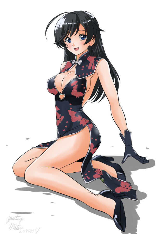 1girl ahoge arm_support artist_name bangs black_dress black_eyes black_footwear black_hair boots breasts china_dress chinese_clothes cleavage_cutout commentary_request dated dress full_body girls_und_panzer heart high_heel_boots high_heels isuzu_hana leaf_print legs long_dress long_hair looking_at_viewer matsui_yasutsugu medium_breasts open_mouth partial_commentary print_dress shadow side_slit signature sitting sleeveless sleeveless_dress smile solo white_background yokozuwari