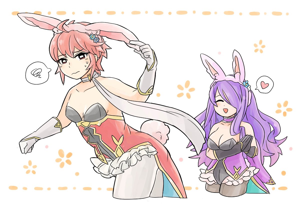 2girls animal_ears black_gloves breasts bunny_tail camilla_(fire_emblem_if) choker cleavage closed_eyes closed_mouth fake_animal_ears fake_tail fire_emblem fire_emblem_heroes fire_emblem_if flyer_27 frilled_choker frills gloves hair_over_one_eye heart hinoka_(fire_emblem_if) large_breasts leotard long_hair multiple_girls nintendo open_mouth own_hands_together purple_hair rabbit_ears redhead short_hair small_breasts spoken_heart tail white_gloves white_legwear