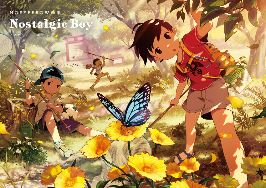 3boys animal artist_name backpack backwards_hat bag ball bandaid bandaid_on_knee baseball_cap black_hair blue_footwear blue_hat brown_eyes brown_hair brown_shorts bug butterfly butterfly_net cage child commentary_request flower hand_net hat holding hood hood_down insect light_rays male_focus multiple_boys nature noeyebrow_(mauve) original purple_shorts red_shirt running sandals shirt shoes short_sleeves shorts silk sitting sneakers soccer_ball spider spider_web sunbeam sunlight t-shirt torii tree tree_stump yellow_flower yellow_shorts