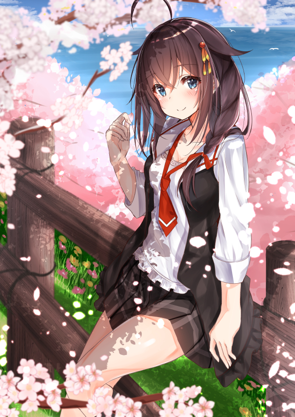 1girl ahoge blue_eyes blush braid breasts brown_hair brown_skirt cherry_blossoms collarbone commentary_request day eyebrows_visible_through_hair hair_between_eyes hair_flaps hair_ornament hair_over_shoulder hair_ribbon hairclip hasaki_(alice_ruru) holding holding_petal kantai_collection long_hair looking_at_viewer medium_breasts neckerchief outdoors petals pleated_skirt red_neckwear remodel_(kantai_collection) ribbon shadow shigure_(kantai_collection) shirt single_braid skirt smile solo tree water white_shirt