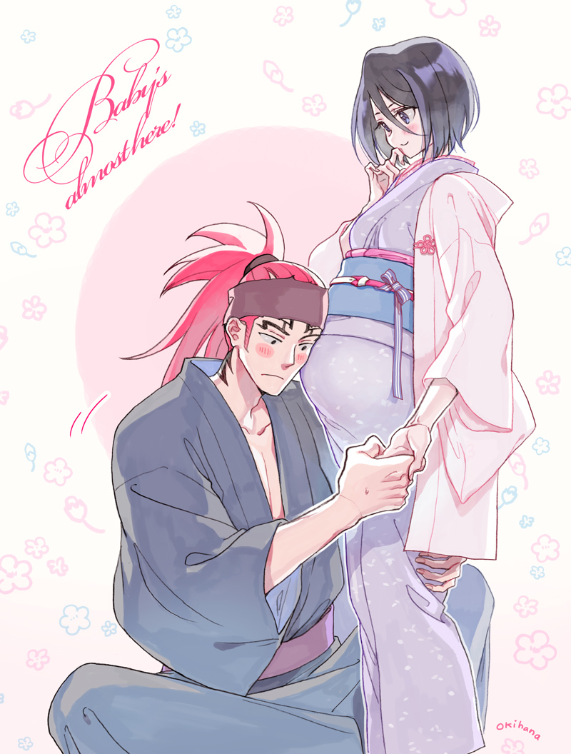 1boy 1girl abarai_renji artist_name black_eyes black_hair bleach hand_holding husband_and_wife indian_style japanese_clothes kimono kuchiki_rukia light_blush long_hair obi okihana ponytail pregnant redhead sash short_hair sitting standing tattoo violet_eyes