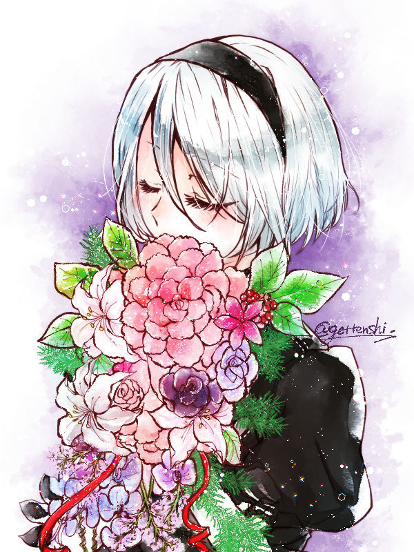 1girl black_hairband bob_cut bouquet closed_eyes commentary eyebrows_visible_through_hair eyelashes eyes_visible_through_hair flower hairband hidden_mouth holding holding_bouquet long_eyelashes nier_(series) nier_automata no_blindfold pink_flower puffy_sleeves purple_flower short_hair silver_hair sketch_eyebrows solo twitter_username upper_body yorha_no._2_type_b