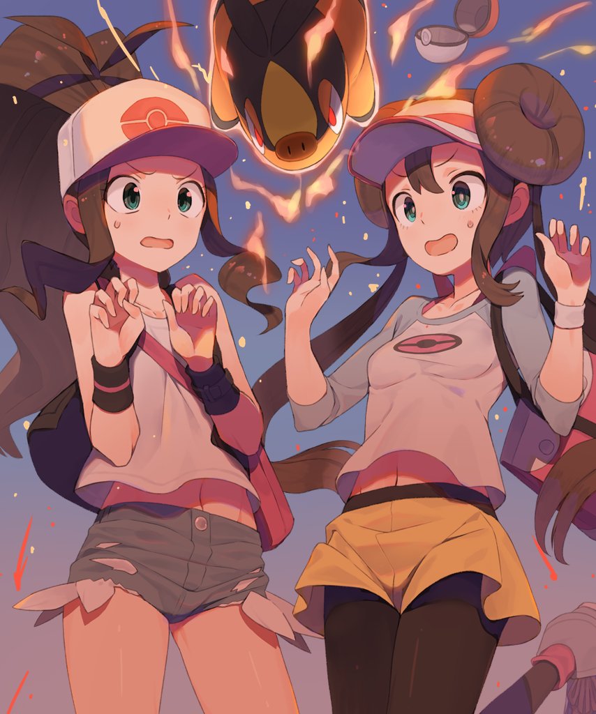 2girls bag baseball_cap black_legwear black_vest brown_hair creatures_(company) curly_hair denim denim_shorts double_bun fire game_freak gen_5_pokemon green_eyes hat long_bangs long_hair long_ponytail mei_(pokemon) multiple_girls nintendo open_poke_ball poke_ball pokemon pokemon_(creature) pokemon_(game) pokemon_bw pokemon_bw2 shirt shorts surprised tepig tomioka_jirou touko_(pokemon) twintails very_long_hair vest visor_cap white_shirt wristband yellow_shorts