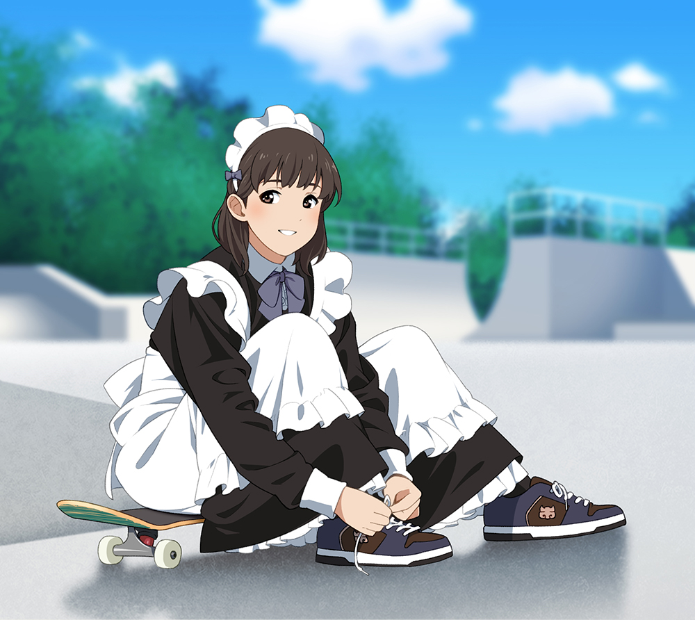 1girl apron blurry blurry_background brown_eyes brown_hair commentary maid maid_apron maid_headdress original outdoors shoes sitting skate_park skateboard sneakers solo suzushiro_(suzushiro333) tying_shoes
