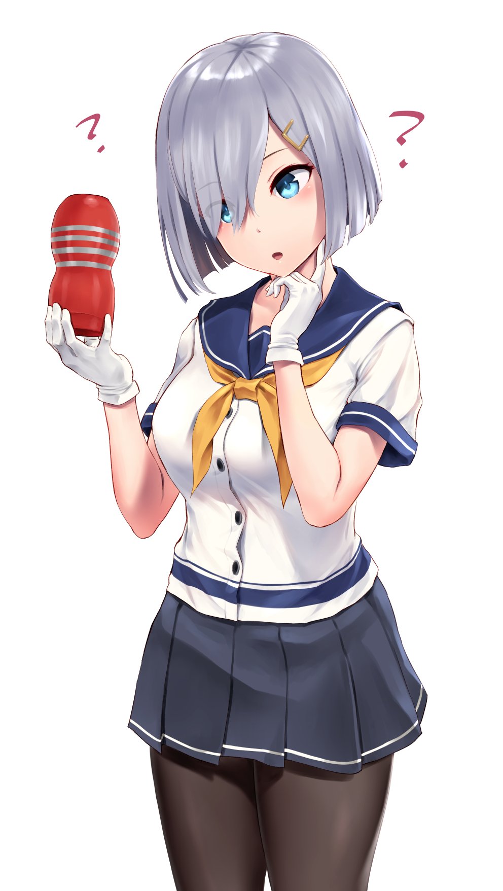 1girl ? black_legwear blue_eyes blush breasts commentary_request eyebrows_visible_through_hair eyes_visible_through_hair gloves hair_ornament hairclip hamakaze_(kantai_collection) highres kantai_collection large_breasts neckerchief open_mouth pantyhose pleated_skirt school_uniform serafuku short_hair short_sleeves silver_hair simple_background skirt solo twitter_username wa_(genryusui) white_background white_gloves yellow_neckwear