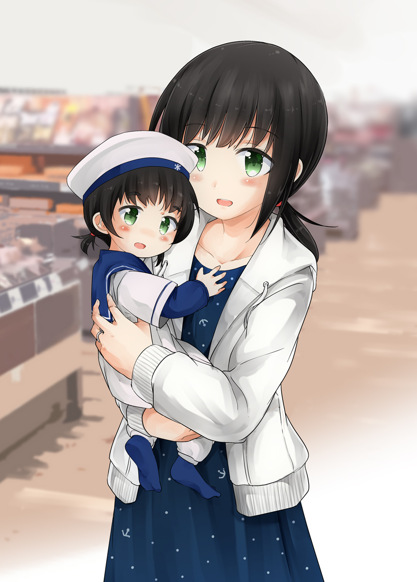 2girls anchor_print bangs belt black_belt black_hair blue_dress blush closed_mouth commentary dress eyebrows_visible_through_hair fubuki_(kantai_collection) green_eyes habara_meguru hair_between_eyes hat highres holding jacket jewelry kantai_collection long_sleeves looking_at_viewer low_ponytail mother_and_daughter multiple_girls open_mouth ponytail ring sailor_hat sidelocks simple_background socks solo standing thick_eyebrows wedding_band white_jacket