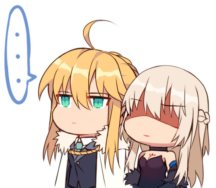 ... 2girls ahoge alternate_costume artoria_pendragon_(all) artoria_pendragon_(lancer) bangs bare_shoulders black_dress blonde_hair braid breasts cape chibi cleavage collared_shirt detached_sleeves dress expressionless eyebrows_visible_through_hair fate/apocrypha fate/grand_order fate_(series) french_braid fur_trim green_neckwear hair_between_eyes lipstick long_hair makeup morgan_le_fay_(fate) multiple_girls shaded_face shirt siblings sisters spoken_ellipsis tattoo white_background white_cape yorukun
