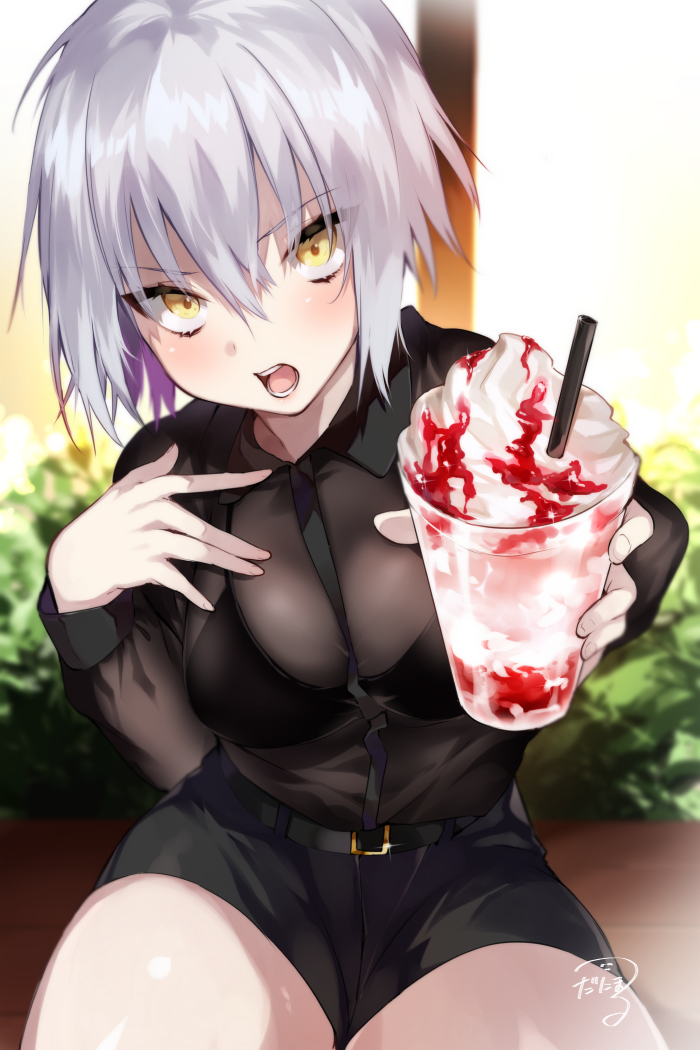 1girl black_bra black_shirt black_shorts blush bra casual commentary_request fate/grand_order fate_(series) food hand_on_own_chest ice_cream iriehana jeanne_d'arc_(alter)_(fate) jeanne_d'arc_(fate)_(all) long_sleeves looking_at_viewer open_mouth outdoors see-through semi-transparent shirt shorts sitting solo syrup thighs underwear white_hair yellow_eyes