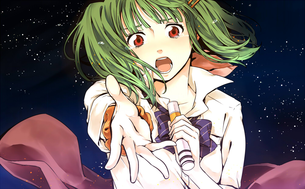 1girl bow crying crying_with_eyes_open green_hair hair_ornament hairclip looking_at_viewer macross macross_frontier macross_frontier:_sayonara_no_tsubasa microphone music open_mouth outstretched_arm outstretched_hand ranka_lee red_eyes school_uniform scrunchie short_hair singing sky solo star_(sky) starry_sky teardrop tears teeth tenni_noboru wind wind_lift wrist_scrunchie