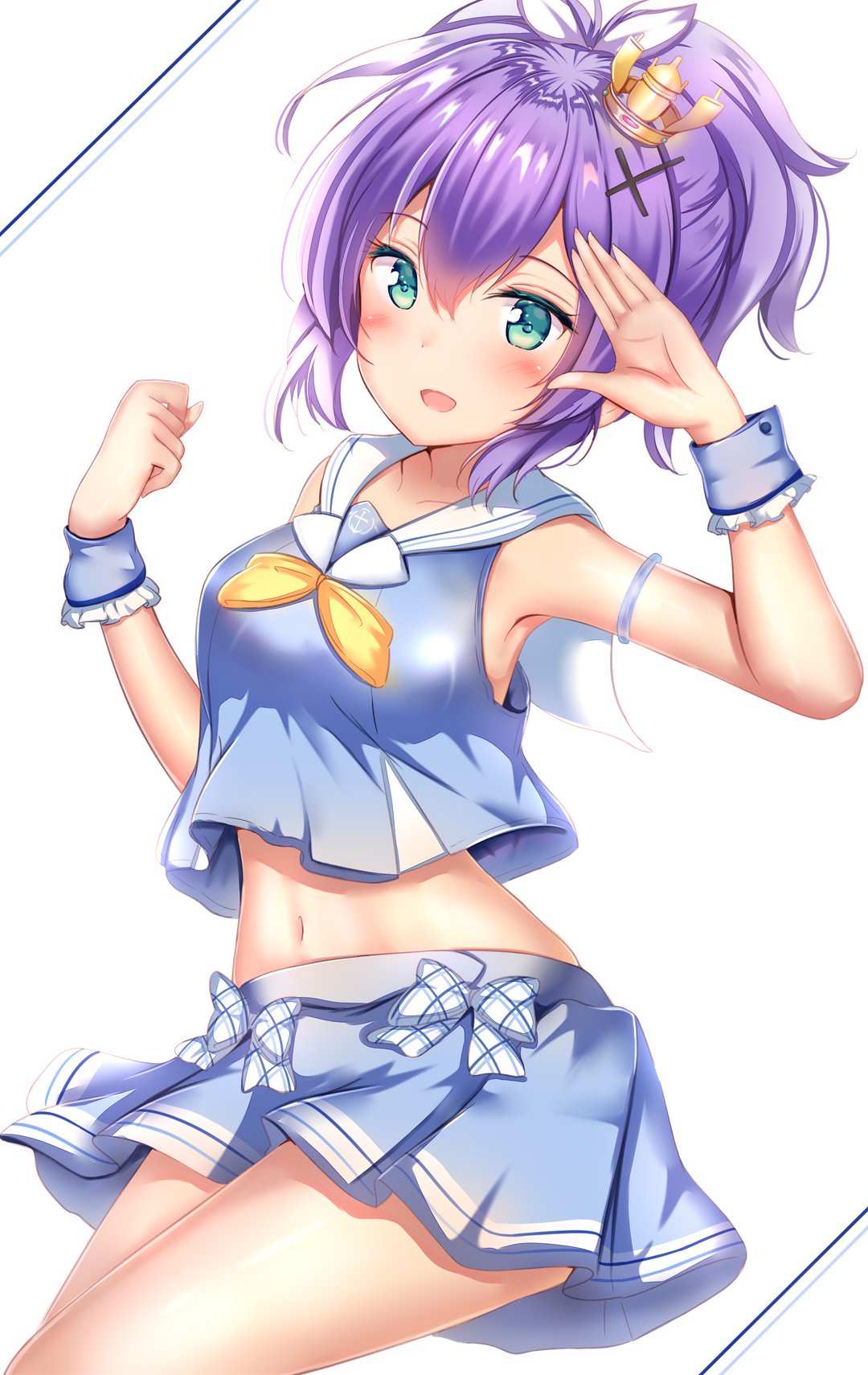 1girl :d aqua_eyes armpits azur_lane bare_shoulders blue_shirt blue_skirt blush bow bowtie breasts commentary_request cowboy_shot crop_top crop_top_overhang crown hair_between_eyes hair_ornament hair_ribbon hands_up highres javelin_(azur_lane) long_hair looking_at_viewer midriff mini_crown miniskirt navel open_mouth plaid plaid_bow pleated_skirt ponytail purple_hair ribbon sailor_collar school_uniform serafuku shirt sidelocks skirt sleeveless sleeveless_shirt small_breasts smile solo stomach thighs white_background white_bow white_sailor_collar wrist_cuffs x_hair_ornament yellow_neckwear yuano