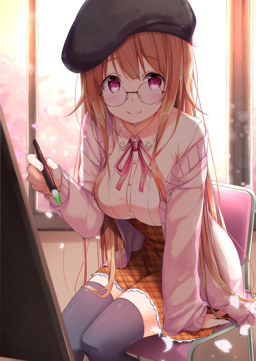 1girl arm_support backlighting beret bespectacled black_hat black_legwear blurry blush bokeh breasts brown_skirt buttons canvas_(object) cardigan chair closed_mouth collared_shirt commentary_request day depth_of_field dress_shirt glasses hand_up hat high-waist_skirt highres holding holding_paintbrush indoors lace_trim long_hair looking_at_viewer medium_breasts mikage_mone mone_channel na53 neck_ribbon off_shoulder open_cardigan open_clothes orange_hair paintbrush petals pink_neckwear plaid plaid_skirt red_eyes ribbon round_eyewear shirt sitting skirt smile solo sunlight thigh-highs virtual_youtuber white_cardigan window yellow_shirt zettai_ryouiki