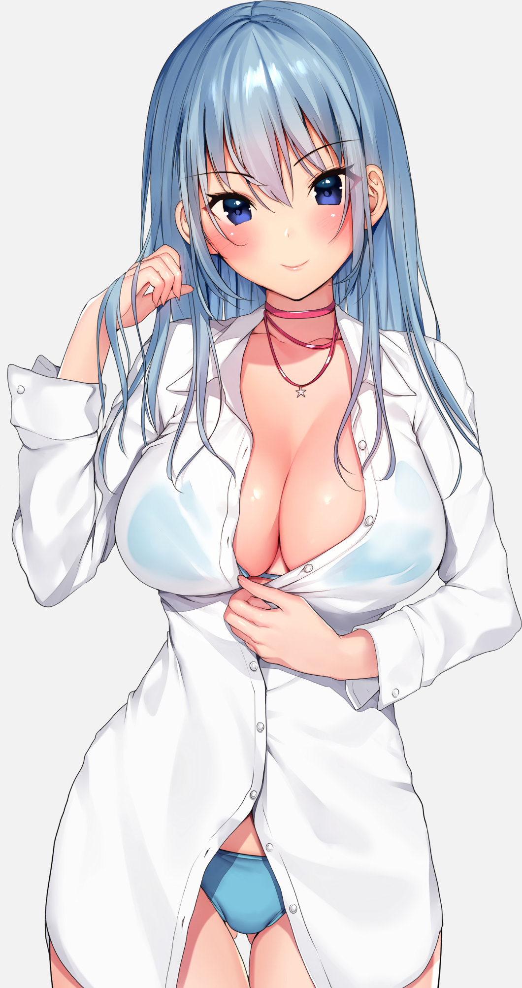 1girl bikini blue_bikini blue_eyes blue_hair blush breasts choker cleavage collarbone grey_background highres jewelry large_breasts long_hair long_sleeves looking_at_viewer matarou_(genkai_toppa) necklace original see-through_silhouette shirt simple_background smile solo star star_necklace swimsuit unbuttoned white_shirt