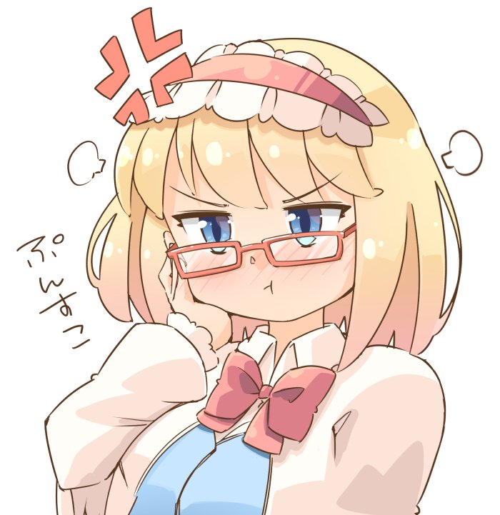 1girl :t =3 alice_margatroid anger_vein arnest bangs bespectacled blonde_hair blue_dress blue_eyes blush bow bowtie capelet commentary_request dress eyebrows_visible_through_hair frilled_hairband frills glasses hairband hand_on_own_cheek hand_up lolita_hairband long_sleeves looking_at_viewer looking_over_eyewear nose_blush puffy_sleeves red-framed_eyewear red_bow red_hairband red_neckwear short_hair simple_background solo touhou translated upper_body v-shaped_eyebrows white_background white_capelet wing_collar