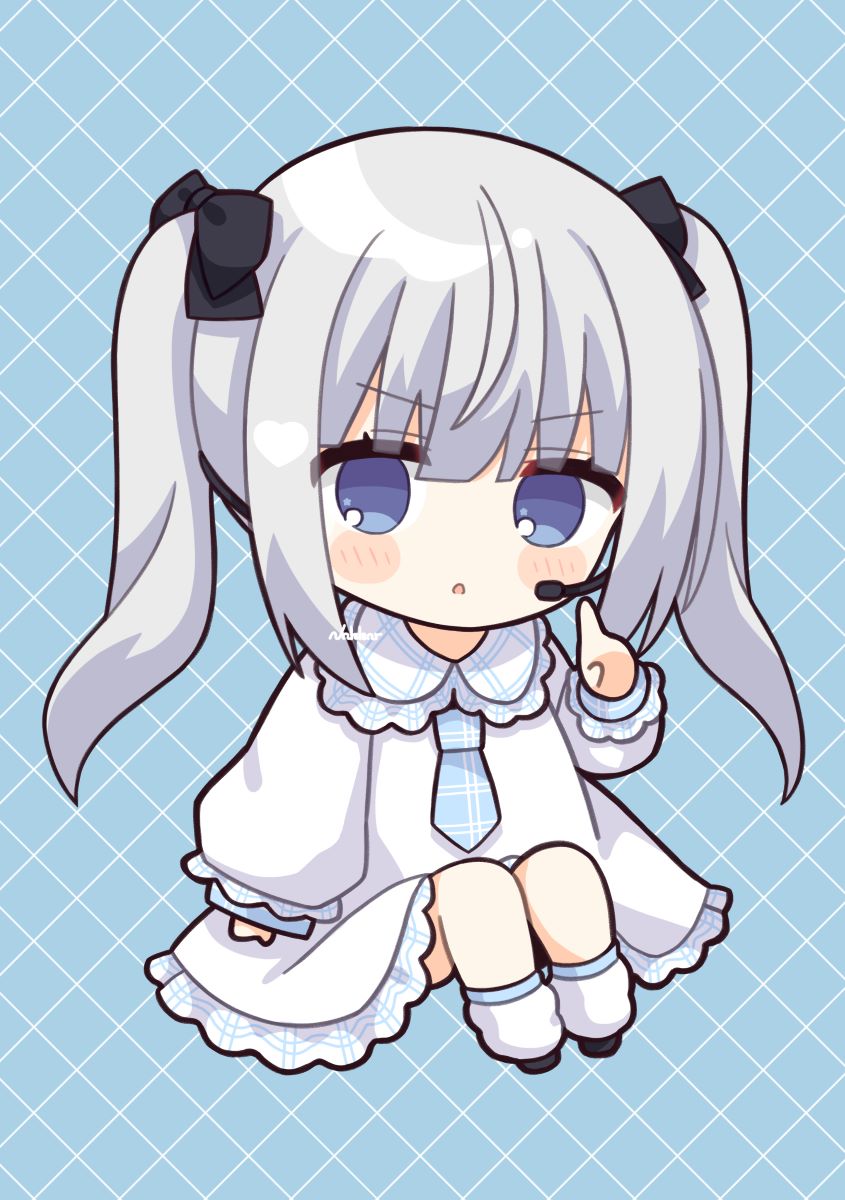 1girl :o bangs black_bow black_footwear blue_background blue_eyes blush_stickers bow chibi collared_dress commentary_request dress eyebrows_visible_through_hair full_body grey_hair hair_between_eyes hair_bow hand_up headset highres index_finger_raised knees_up long_hair long_sleeves loose_socks nakkar original parted_lips puffy_long_sleeves puffy_sleeves shoes sitting sleeves_past_wrists socks solo twintails white_dress white_legwear