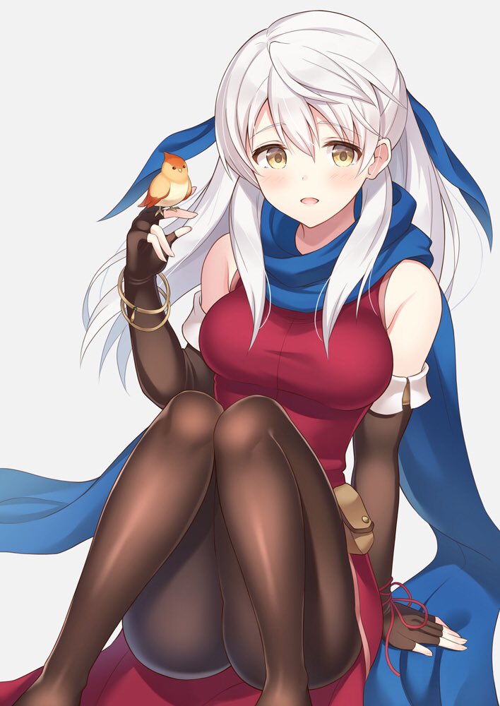 1girl bangle bare_shoulders bird black_gloves blue_scarf bracelet dress elbow_gloves fingerless_gloves fire_emblem fire_emblem:_akatsuki_no_megami fire_emblem_heroes gloves hair_ribbon half_updo jewelry micaiah nintendo pantyhose ribbon scarf shiyo_yoyoyo side_slit silver_hair sleeveless sleeveless_dress solo yellow_eyes yune