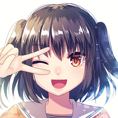 1girl ;d bangs black_hair eyebrows_visible_through_hair eyes_visible_through_hair hakusai_ponzu hand_up kantai_collection looking_at_viewer lowres one_eye_closed open_mouth orange_eyes portrait sailor_collar sendai_(kantai_collection) short_hair simple_background smile solo two_side_up v v_over_eye white_background white_sailor_collar