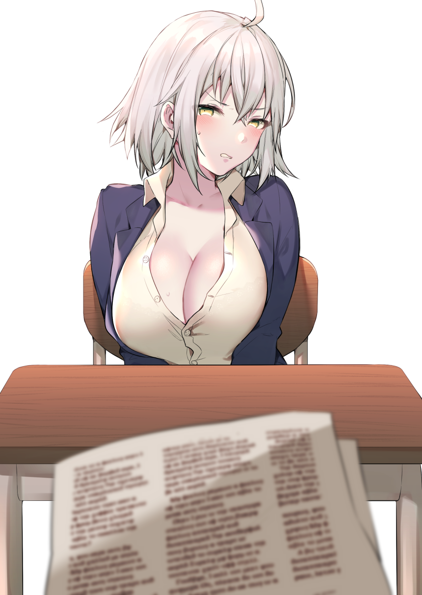 1girl ahoge alternate_costume blazer blush breasts cleavage collarbone collared_shirt commentary_request desk fate/grand_order fate_(series) hair_between_eyes highres itohana jacket jeanne_d'arc_(alter)_(fate) jeanne_d'arc_(fate)_(all) large_breasts looking_at_viewer parted_lips partially_unbuttoned shirt short_hair silver_hair simple_background sitting solo white_background white_shirt yellow_eyes