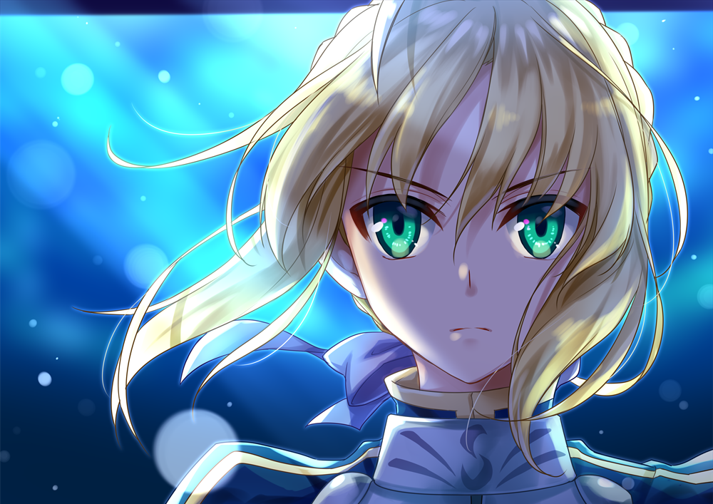 1girl ahoge artoria_pendragon_(all) blonde_hair blue_background blue_ribbon blurry blurry_background eyebrows_visible_through_hair fate/stay_night fate_(series) floating_hair green_eyes hair_between_eyes hair_ribbon lens_flare looking_at_viewer nina_(pastime) portrait ribbon saber short_hair_with_long_locks sidelocks solo standing upper_body