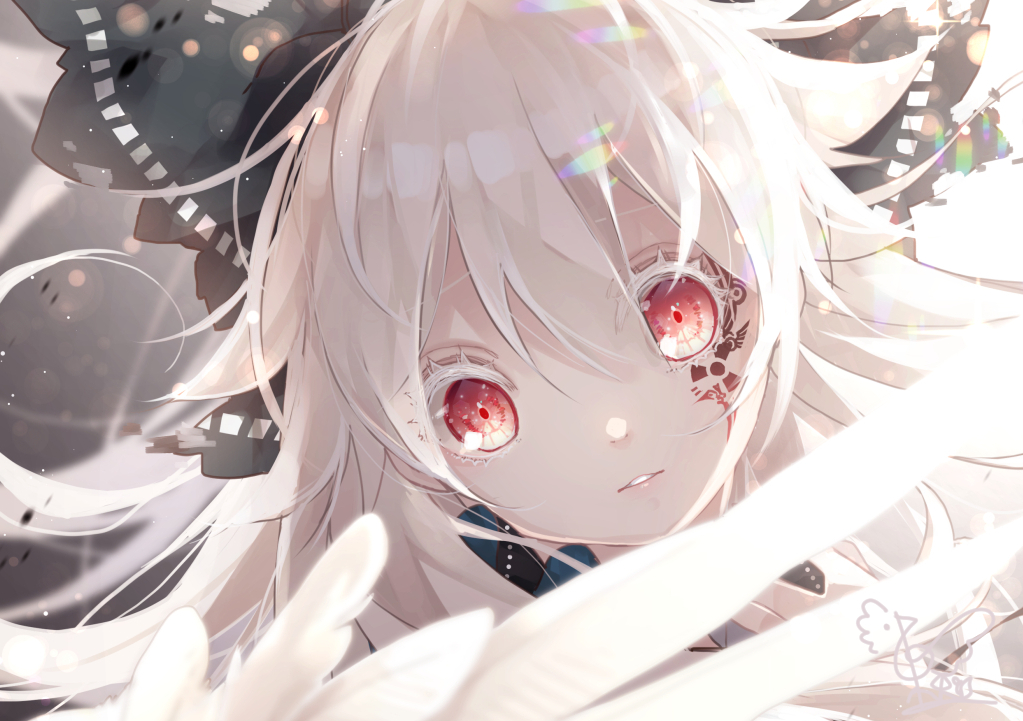 1girl albino alternate_hair_color bangs bow colored_eyelashes commentary_request facial_tattoo grey_bow hair_between_eyes hair_bow lens_flare looking_at_viewer parted_lips portrait radiation_symbol red_eyes reiuji_utsuho signature silver_hair solo tattoo touhou toutenkou white_wings wings