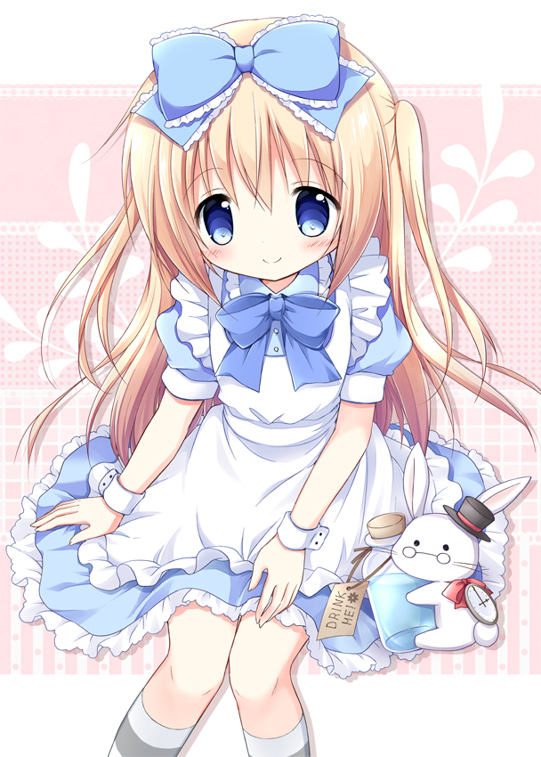 1girl alice_(wonderland) alice_in_wonderland animal apron bangs black_hat blonde_hair blue_bow blue_dress blue_eyes blush bottle bow closed_mouth collared_dress commentary_request dress drink_me eyebrows_visible_through_hair frilled_apron frilled_bow frilled_dress frills hair_between_eyes hair_bow hat kneehighs long_hair maid_apron mini_hat mini_top_hat nanase_miori pocket_watch puffy_short_sleeves puffy_sleeves rabbit red_bow short_sleeves sitting smile striped striped_legwear tilted_headwear top_hat two_side_up very_long_hair watch white_apron white_rabbit wrist_cuffs