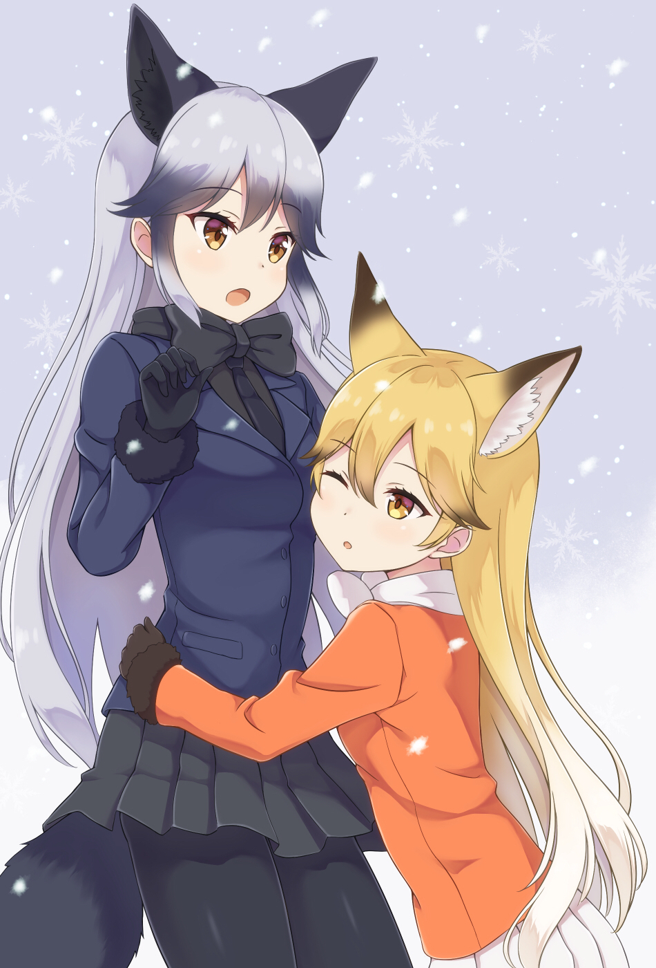 2girls :o ;o animal_ears black_gloves black_neckwear black_shirt black_skirt blazer blonde_hair bow bowtie breasts brown_eyes commentary darknessukaru eyebrows_visible_through_hair ezo_red_fox_(kemono_friends) fox_ears fox_tail fur-trimmed_sleeves fur_trim gloves gradient_hair grey_hair highres jacket kemono_friends kneeling looking_at_another miniskirt multicolored_hair multiple_girls navy_blue_jacket necktie one_eye_closed open_mouth orange_jacket outdoors pantyhose parted_lips pleated_skirt shirt silver_fox_(kemono_friends) silver_hair skirt snow snowflakes standing tail white_neckwear white_skirt yellow_eyes
