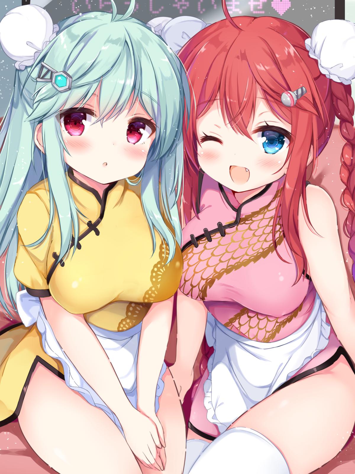 2girls :o ;d ahoge antenna_hair apron bangs blue_eyes blush braid breasts bun_cover china_dress chinese_clothes commentary_request double_bun dress eyebrows_visible_through_hair fang frilled_apron frills green_hair hair_between_eyes hair_ornament hands_together highres kujou_danbo long_hair medium_breasts multiple_girls one_eye_closed open_mouth original own_hands_together parted_lips pink_dress puffy_short_sleeves puffy_sleeves red_eyes short_sleeves side_bun side_ponytail single_braid smile thigh-highs very_long_hair waist_apron waitress white_apron white_legwear yellow_dress