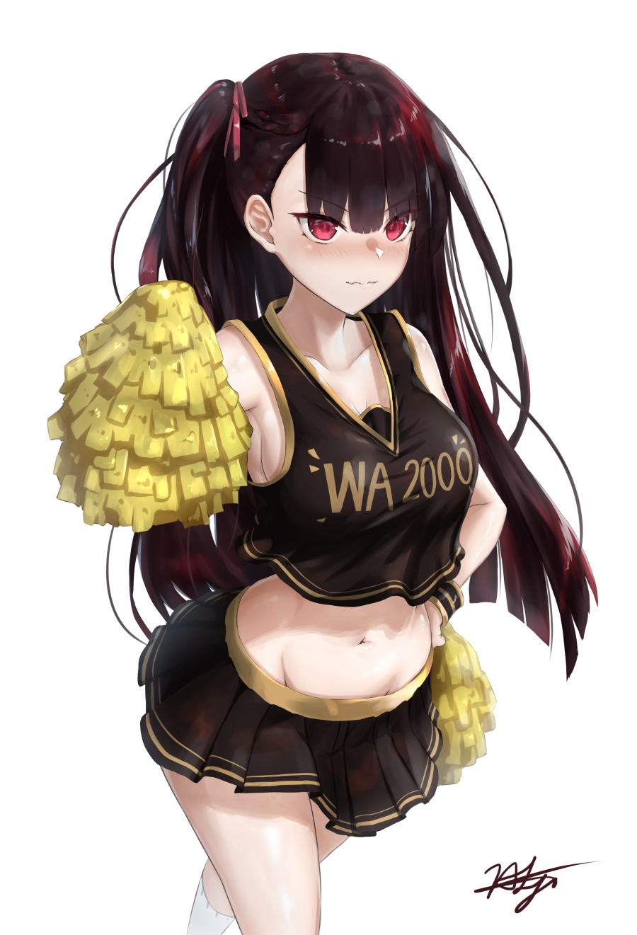 1girl bangs blush breasts chaciooh cheerleader clothes_writing collarbone crop_top eyebrows_visible_through_hair girls_frontline hair_ribbon half_updo hand-on_hip highres kneehighs large_breasts long_hair looking_at_viewer midriff navel one_side_up pleated_skirt pom_poms purple_hair red_eyes red_ribbon ribbon sidelocks signature simple_background skirt sleeveless solo very_long_hair wa2000_(girls_frontline) white_background white_legwear wristband