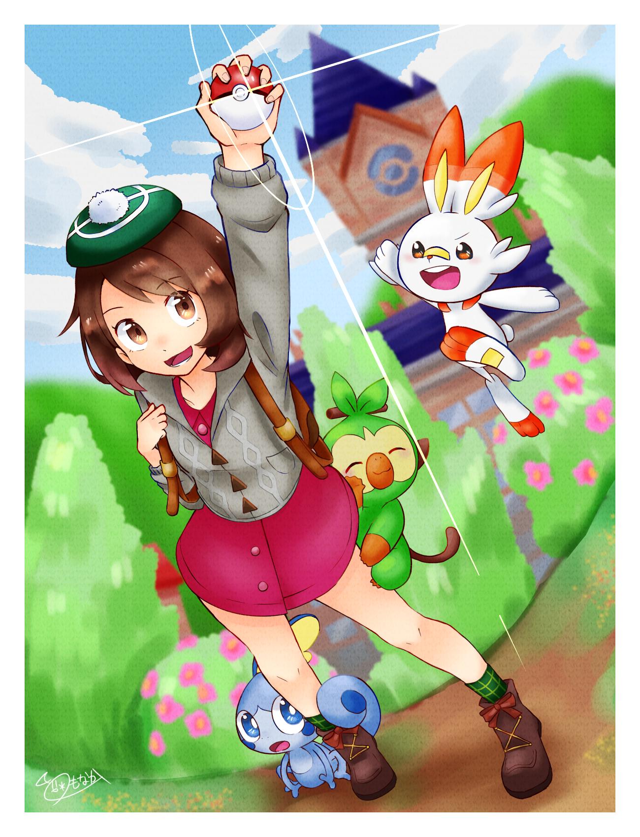 1girl :d backpack bag bangs brown_eyes brown_hair bush closed_eyes clouds cloudy_sky commentary_request creatures_(company) d: fangs female_protagonist_(pokemon_swsh) full_body game_freak gen_8_pokemon green_hat grookey gym hand_up hat highres holding holding_poke_ball long_sleeves nintendo open_eyes open_mouth outdoors poke_ball poke_ball_(generic) pokemon pokemon_(creature) pokemon_(game) pokemon_swsh scorbunny shirt short_hair sky smile sobble tam_o'_shanter upper_teeth user_rkfm8822 victory_pose