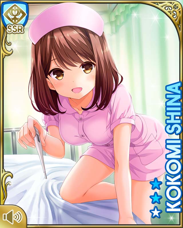 1girl bed brown_eyes brown_hair character_name dress girlfriend_(kari) hat leaning_forward nurse nurse_cap official_art one_knee open_mouth pink_dress pov qp:flapper short_dress short_hair smile solo thermometer