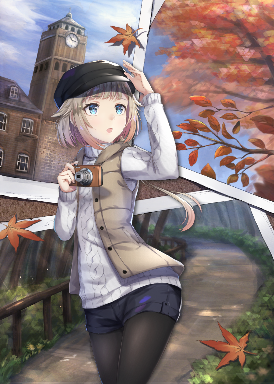 1girl alternate_costume black_hat black_legwear black_shorts braid camera cevio clock clock_tower coffee_tart cowboy_shot grey_sweater hand_up hat highres holding holding_camera leaf looking_afar maple_leaf multicolored_hair one_(cevio) open_mouth orange_hair pantyhose photo_(object) short_hair_with_long_locks short_shorts shorts single_braid solo staring sweater tower vest