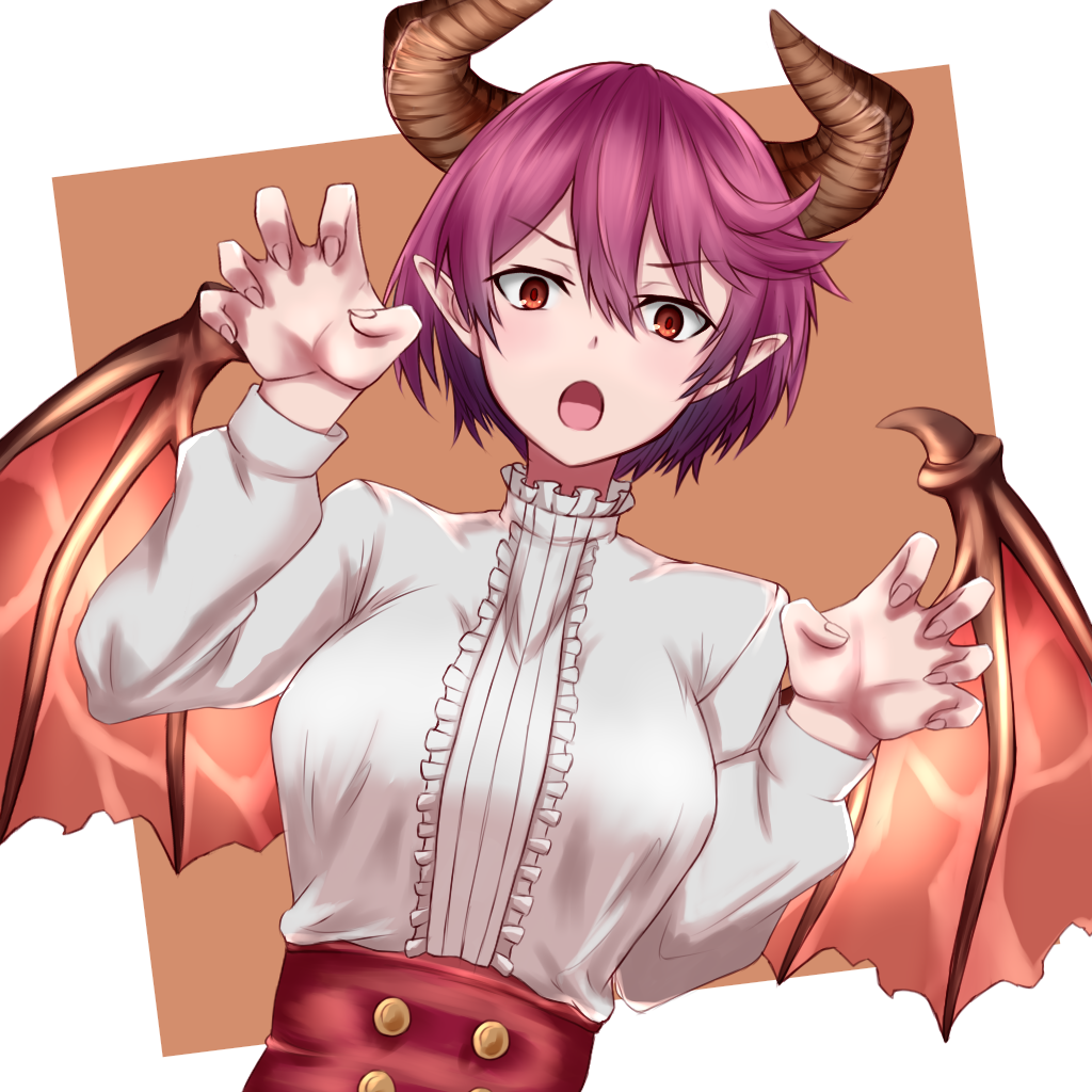 1girl :o breasts claw_pose commentary_request dragon_girl dragon_horns dragon_wings dutch_angle granblue_fantasy grea_(shingeki_no_bahamut) horns large_breasts light_blush looking_at_viewer manaria_friends pointy_ears purple_hair red_eyes rmk_s212 shirt short_hair solo upper_body white_shirt wings