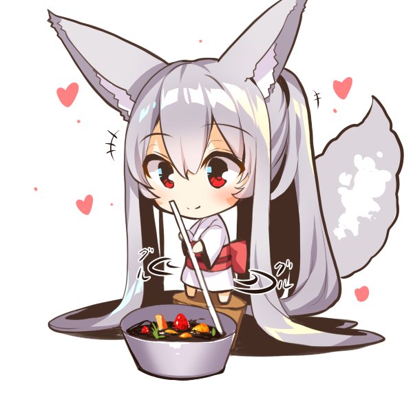 +++ 1girl absurdly_long_hair animal_ear_fluff animal_ears bangs barefoot blush chibi closed_mouth eyebrows_visible_through_hair food fox_ears fox_girl fox_tail grey_hair hair_between_eyes heart holding japanese_clothes kimono long_hair long_sleeves motion_lines obi original red_eyes sash shadow sidelocks smile solo standing stirring tail tail_raised very_long_hair white_background white_kimono wide_sleeves yuuji_(yukimimi)