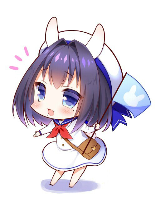 1girl :d bag bangs beret black_hair blue_eyes blue_sailor_collar blush chibi colored_shadow commentary_request dress eyebrows_visible_through_hair flag hair_intakes hat holding holding_flag horns long_hair long_sleeves looking_at_viewer mole mole_under_eye neckerchief notice_lines open_mouth original red_neckwear sailor_collar sailor_dress seta_(monyun) shadow shoulder_bag smile solo white_background white_dress white_hat